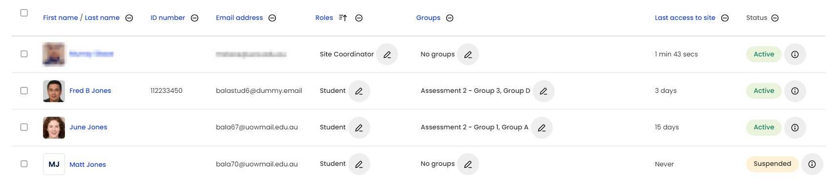 Moodle site participants list with roles filtered